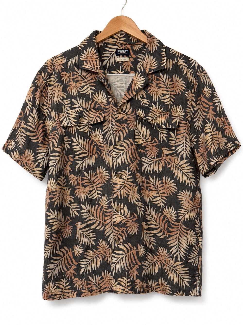 Faherty Reserve Short-Sleeve Basque Camp Shirt M Charcoal Tropic Trees